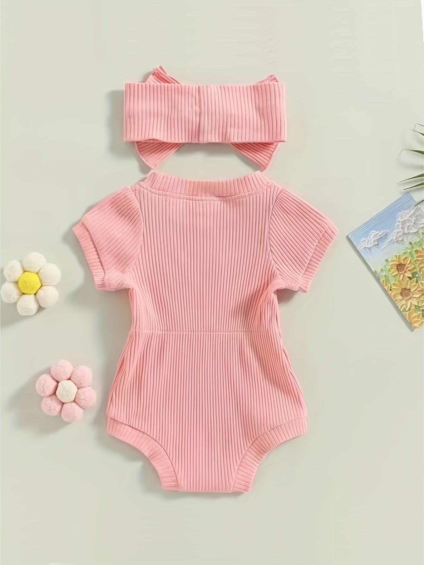 2pcs Baby Girls Short Sleeves Onesie & Bowknot Headband Set