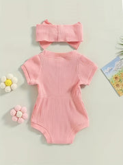 2pcs Baby Girls Short Sleeves Onesie & Bowknot Headband Set