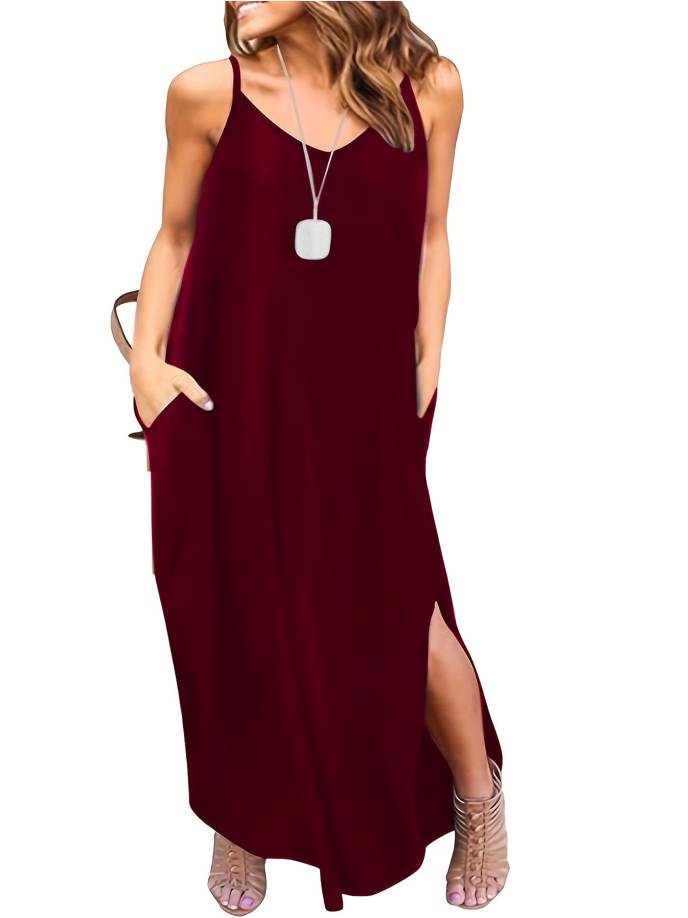 Solid Side Slit Maxi Slip Dress Plus Medium Stretch Casual Cami Dress