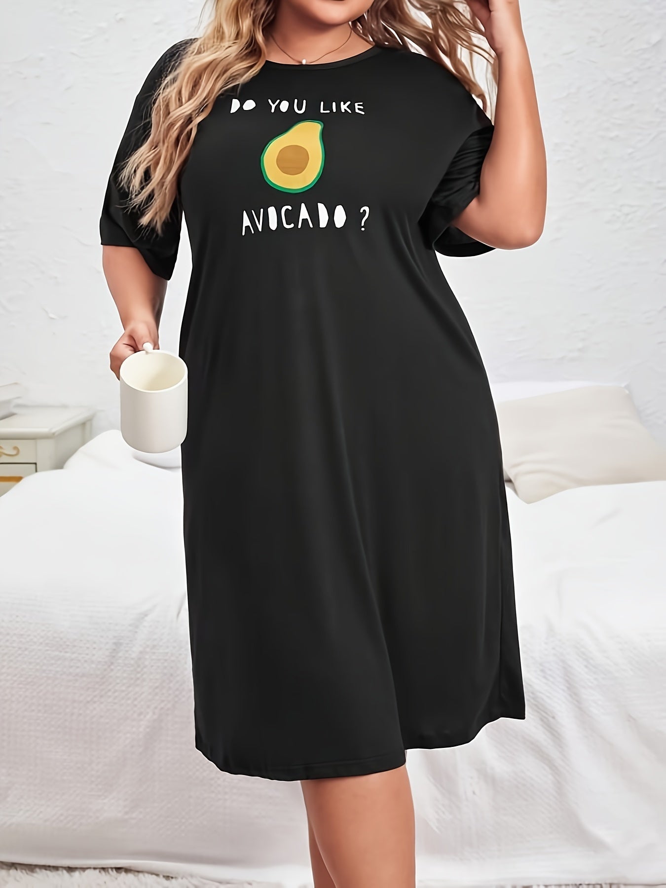 Avocado & Slogan Print Round Neck Tee Sleep Dress