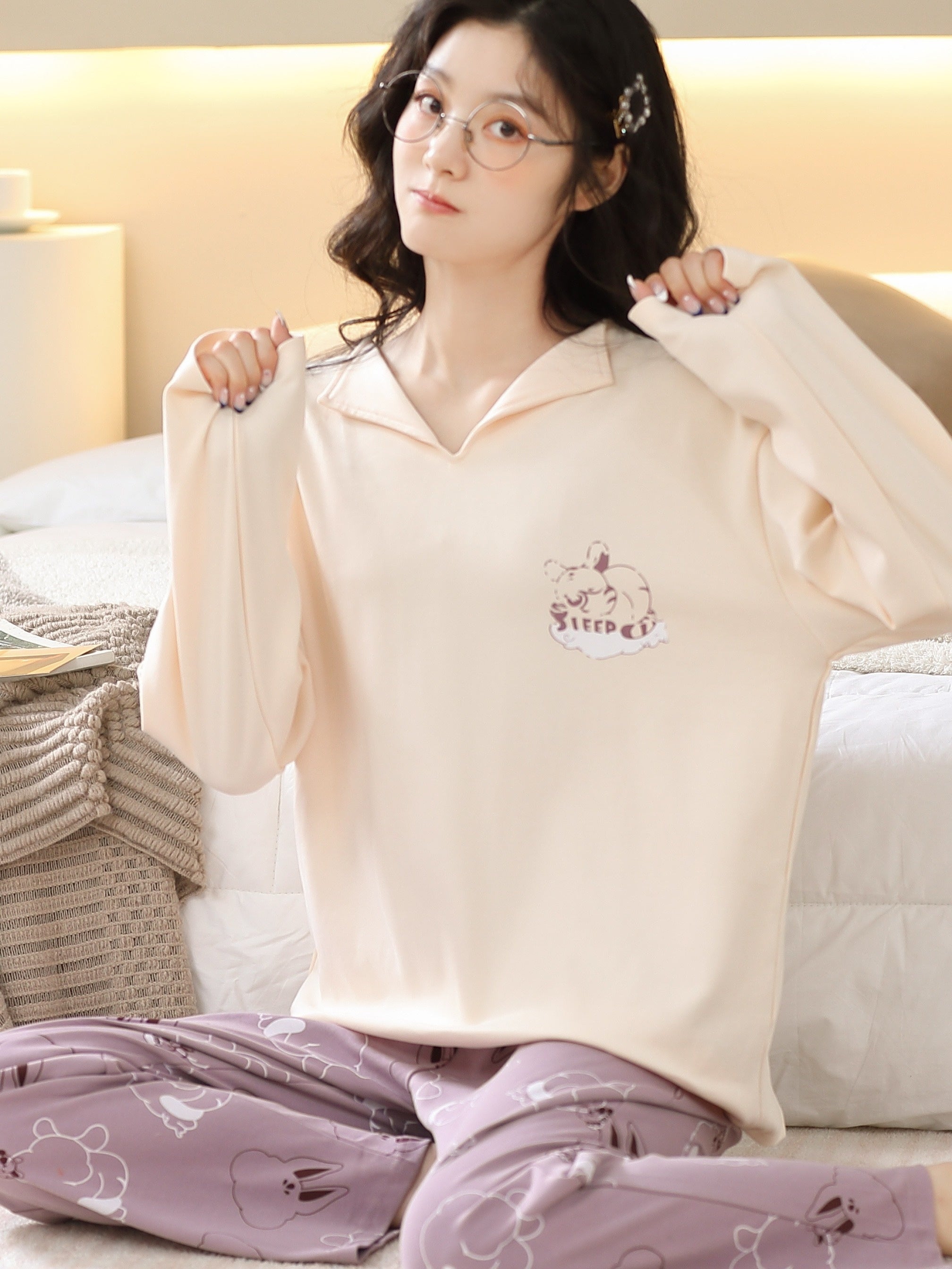 Bunny Print Pajama Set Long Sleeve Top & Pants Women's Sleepwear