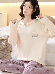 Bunny Print Pajama Set Long Sleeve Top & Pants Women's Sleepwear