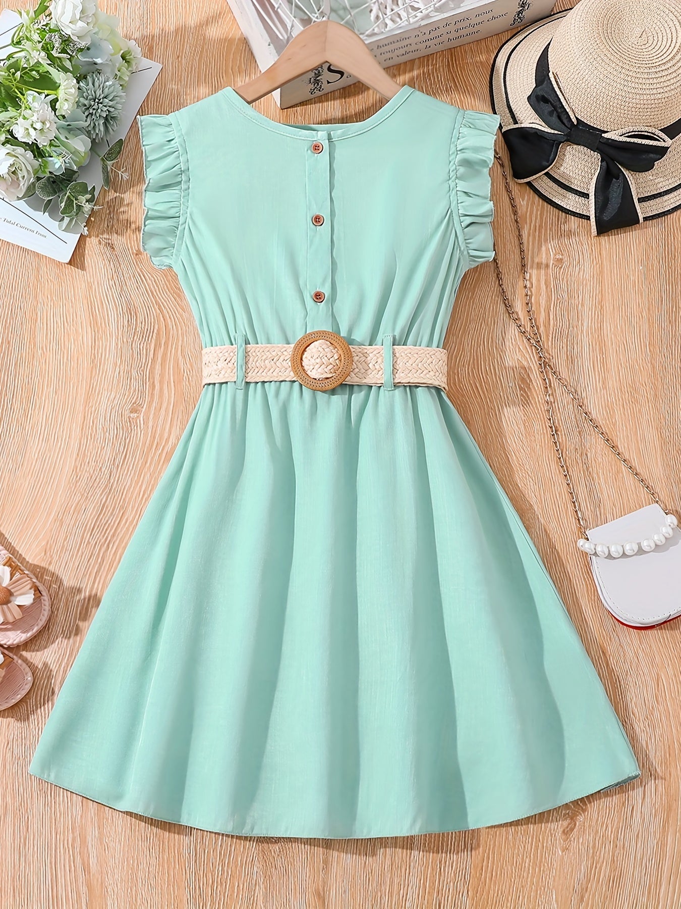Girls' Casual Dress Thin Frilled Sleeveless A Line Dress With Belt