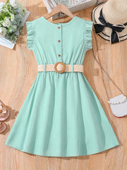 Girls' Casual Dress Thin Frilled Sleeveless A Line Dress With Belt