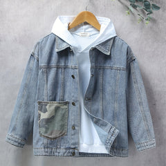 Boys Denim Jacket Camo Pocket Lapel Coat