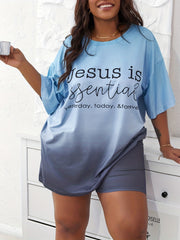 Ombre & Slogan Print Tee & Shorts Pajama Set
