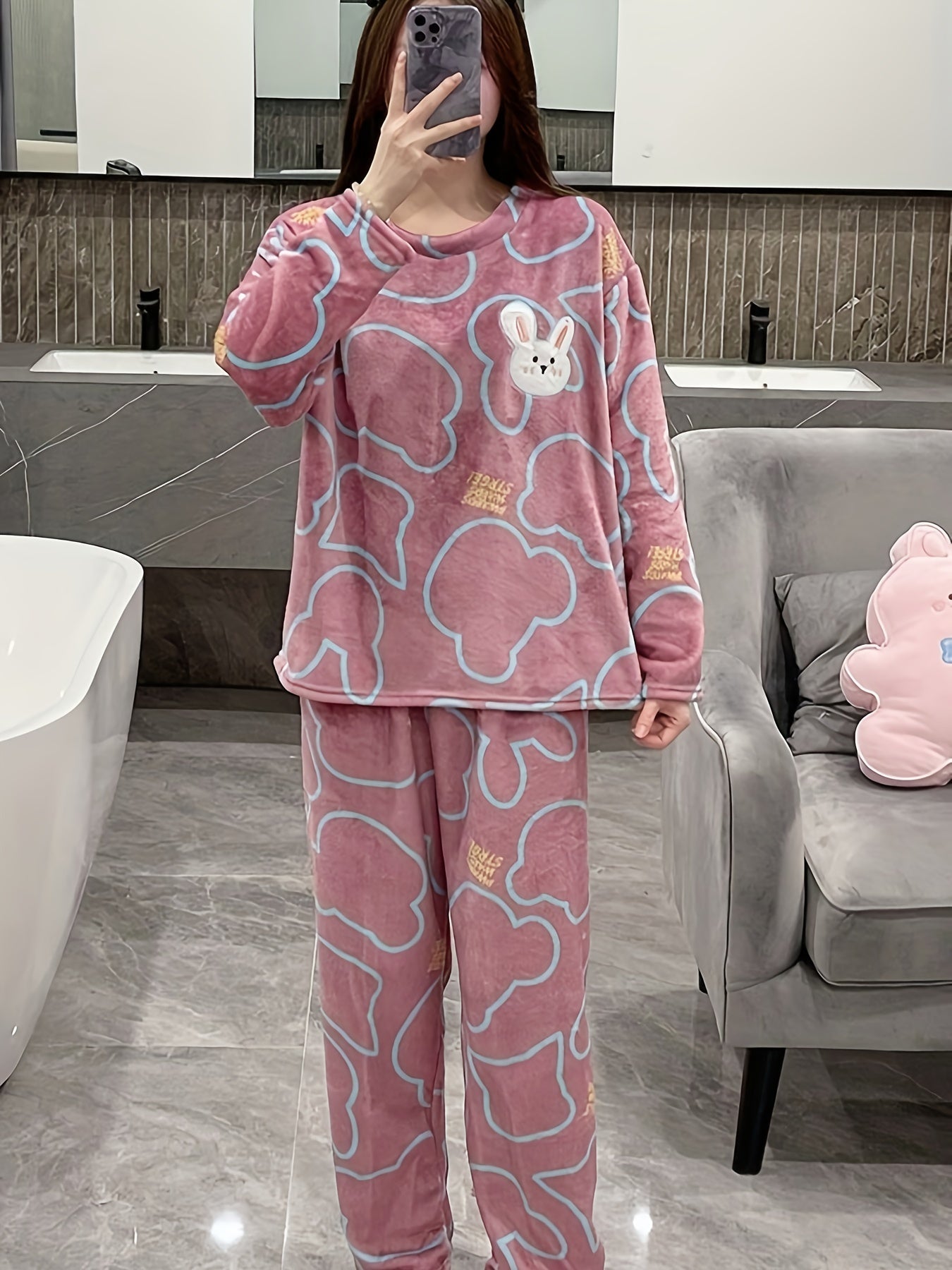 Bunny Print Fuzzy Pajama Set Long Sleeve Crew Neck Top & Elastic Waistband Pants