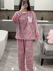 Bunny Print Fuzzy Pajama Set Long Sleeve Crew Neck Top & Elastic Waistband Pants
