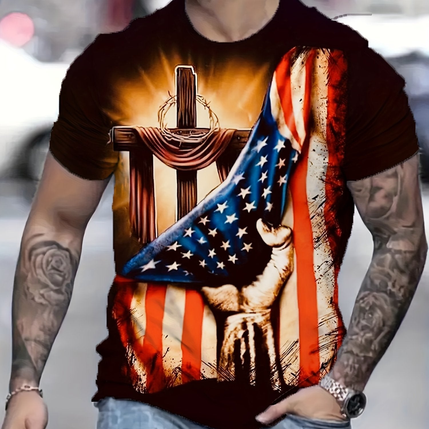 Cross Pattern T shirt Men's Casual Street Style Round Neck Tee Shirt