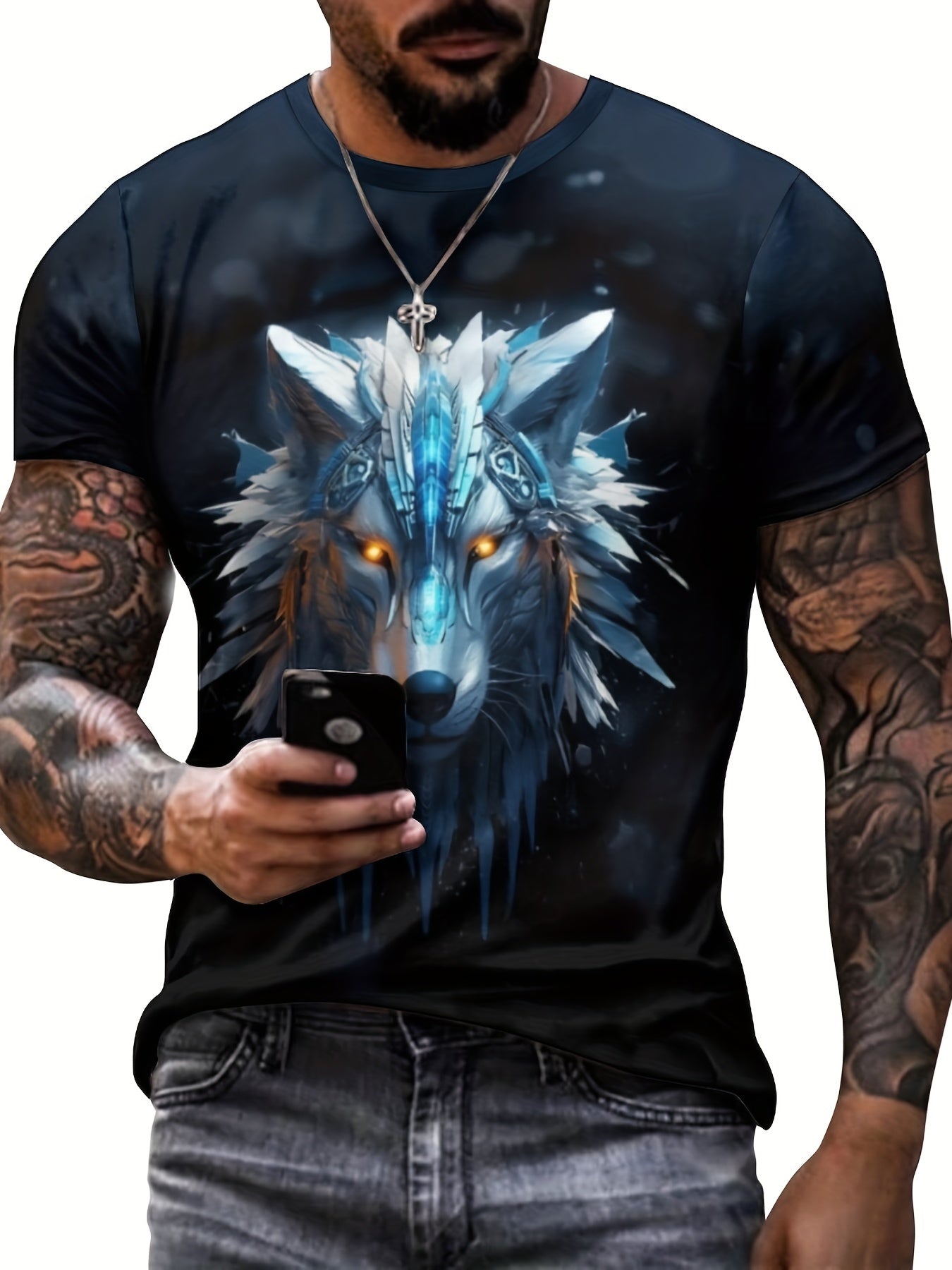 Men's 3D Wolf T-shirt Stretchy Breathable Tee for Spring Fall Outdoor