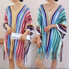 Colorful Striped Tassel Beach Cover Up V Neck 3/4 Sleeve Loose Cape
