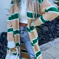 Striped Open Front Sweater Cardigan With Pockets