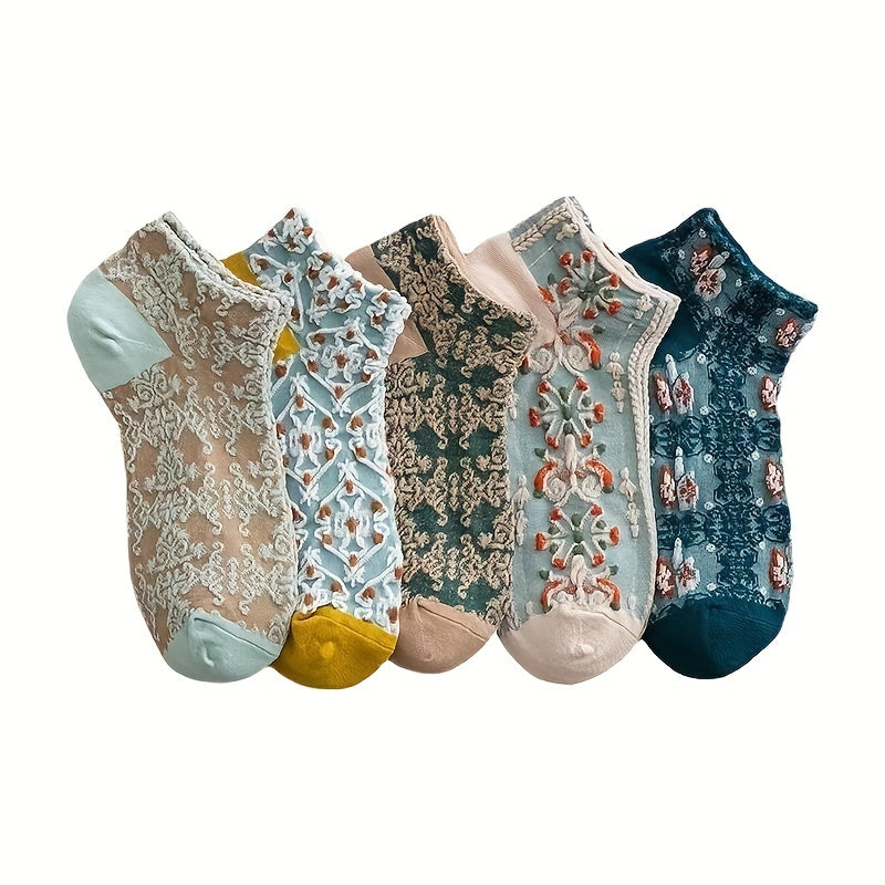 5 Pairs Retro Style 3D Textured Ankle Socks Women's Stockings