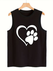 Dog Paw & Heart Print Tank Top Sleeveless Stretchy Fit
