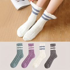 4 Pairs Striped Fuzzy Socks Warm & Cozy Floor Socks Women's Stockings