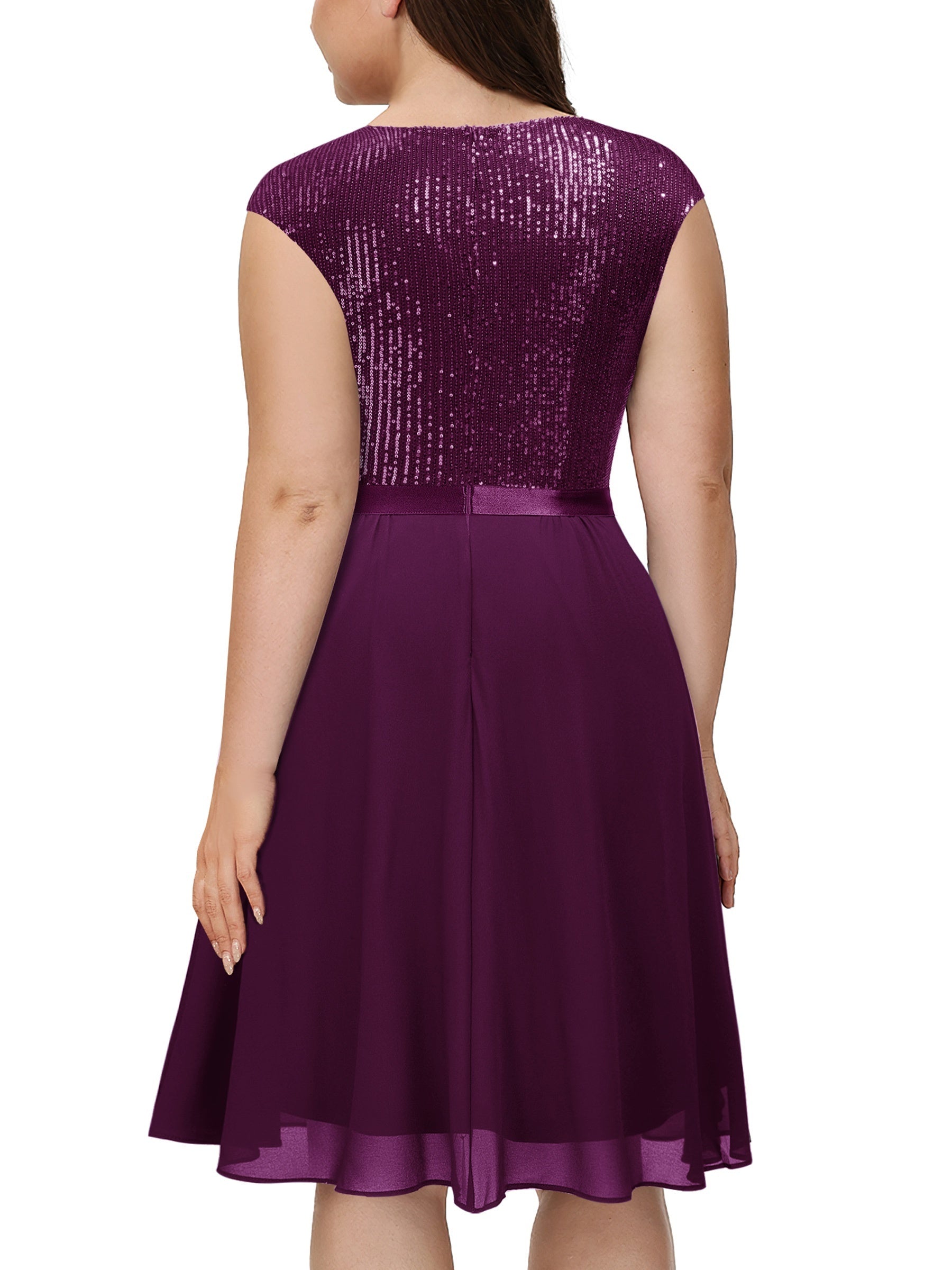 Solid Sequin Cap Sleeve V Neck Stretch Dress