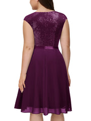 Solid Sequin Cap Sleeve V Neck Stretch Dress