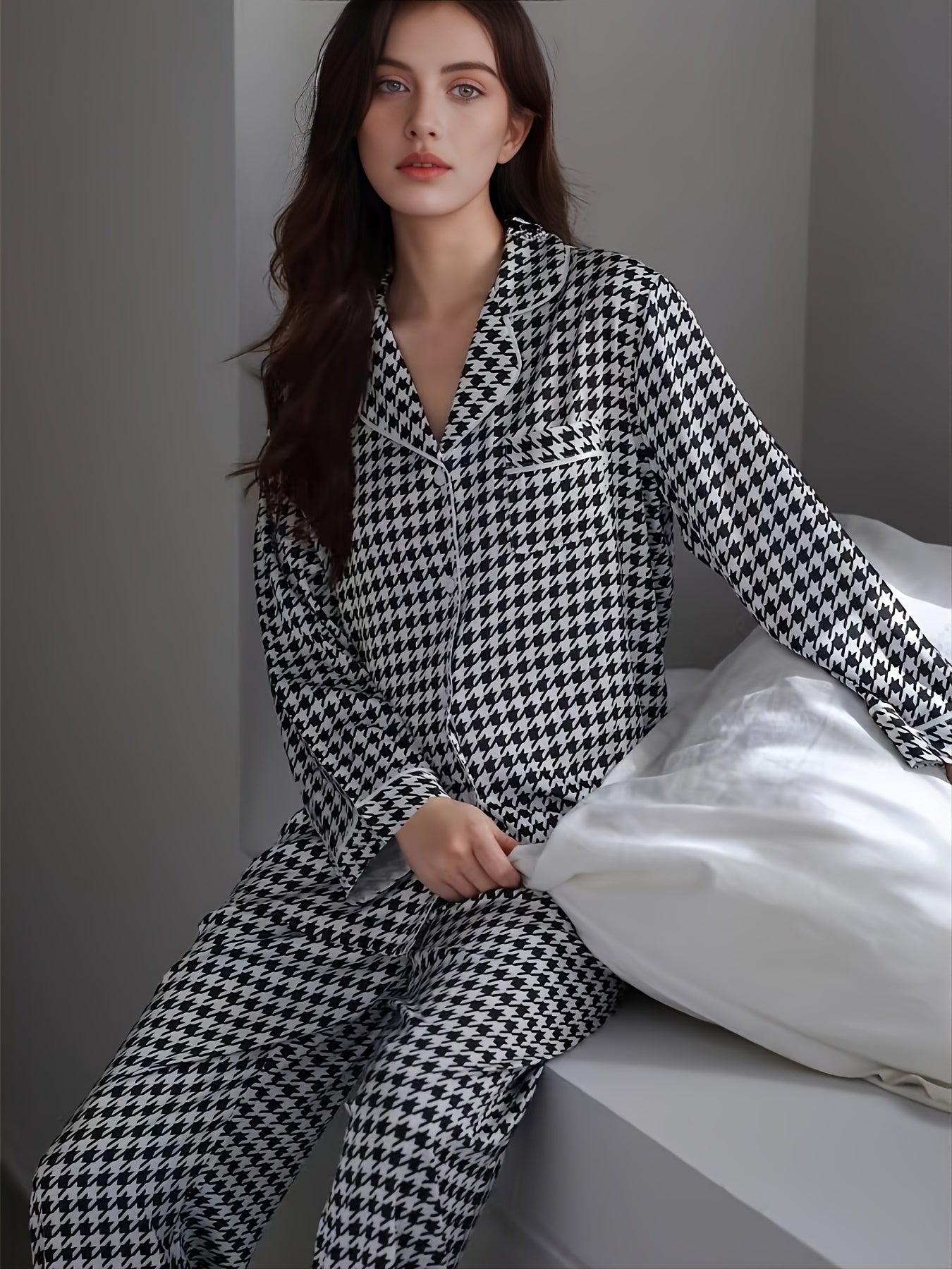 Classic Houndstooth Pajama Set Long Sleeve Shirt & Trousers