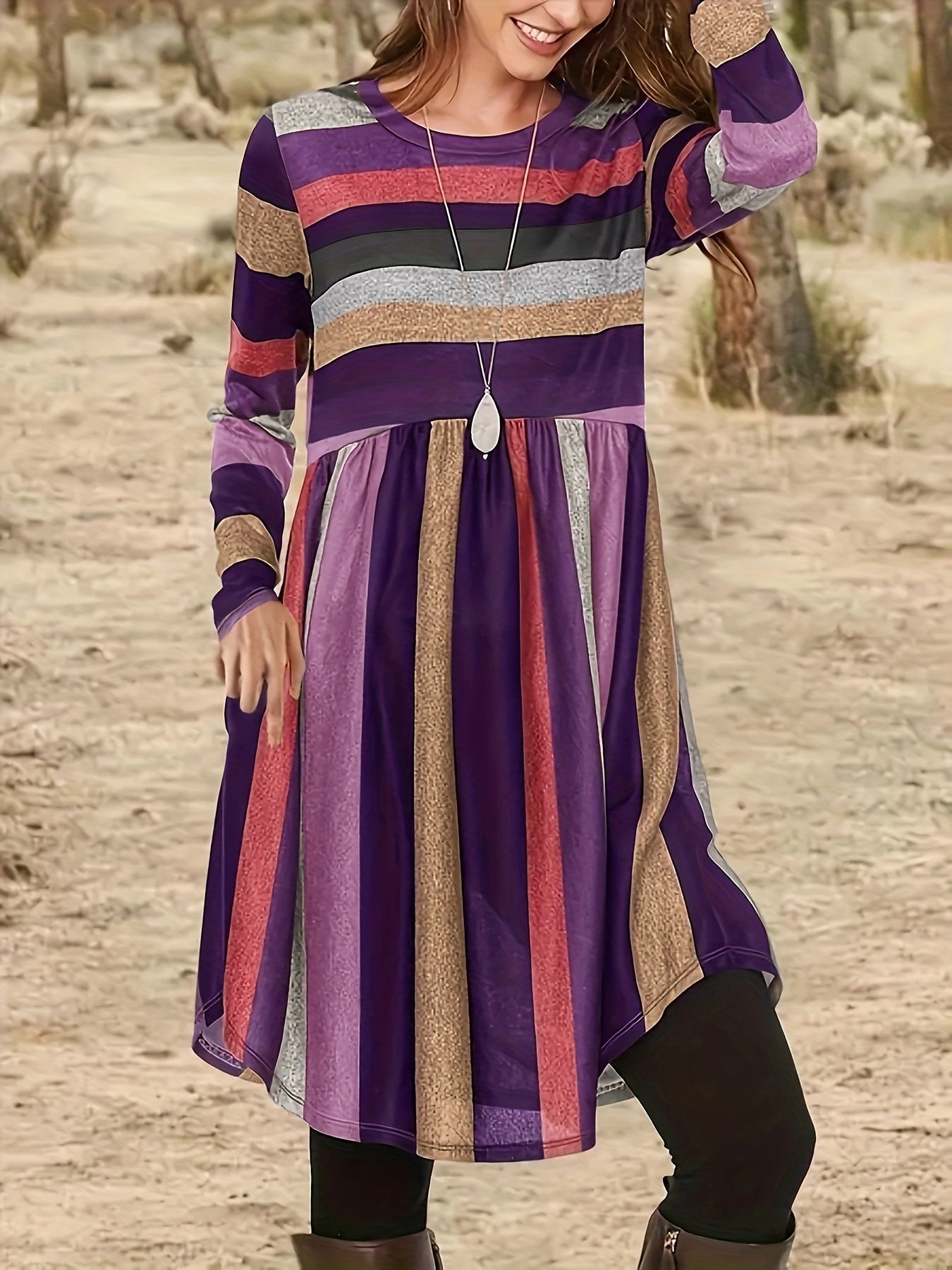 Colorblock Stripe Print Long Sleeve Round Neck Dress
