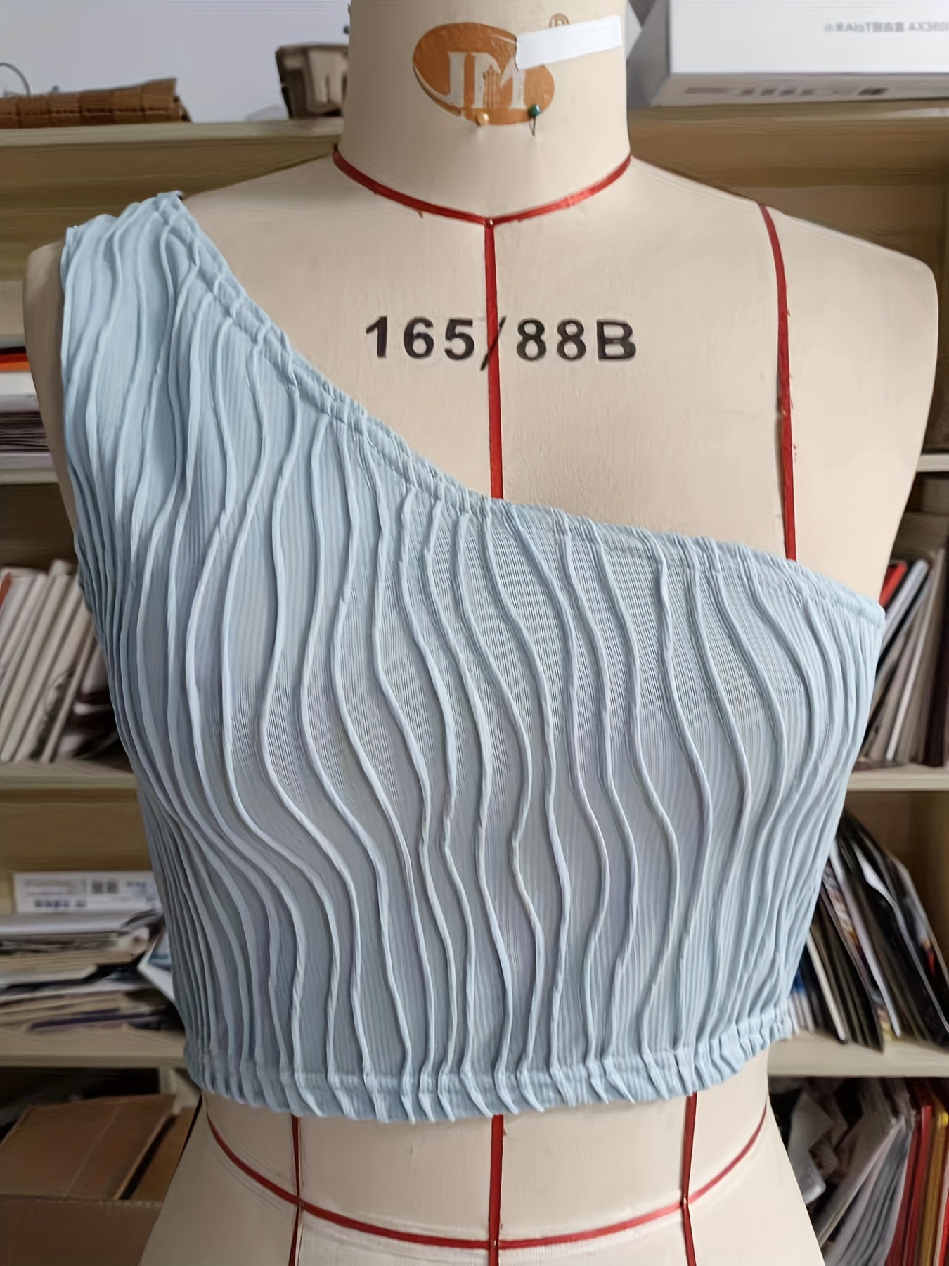 Wavy Stripe One Shoulder Crop Top Casual Solid Ruched Slim Sleeveless Top