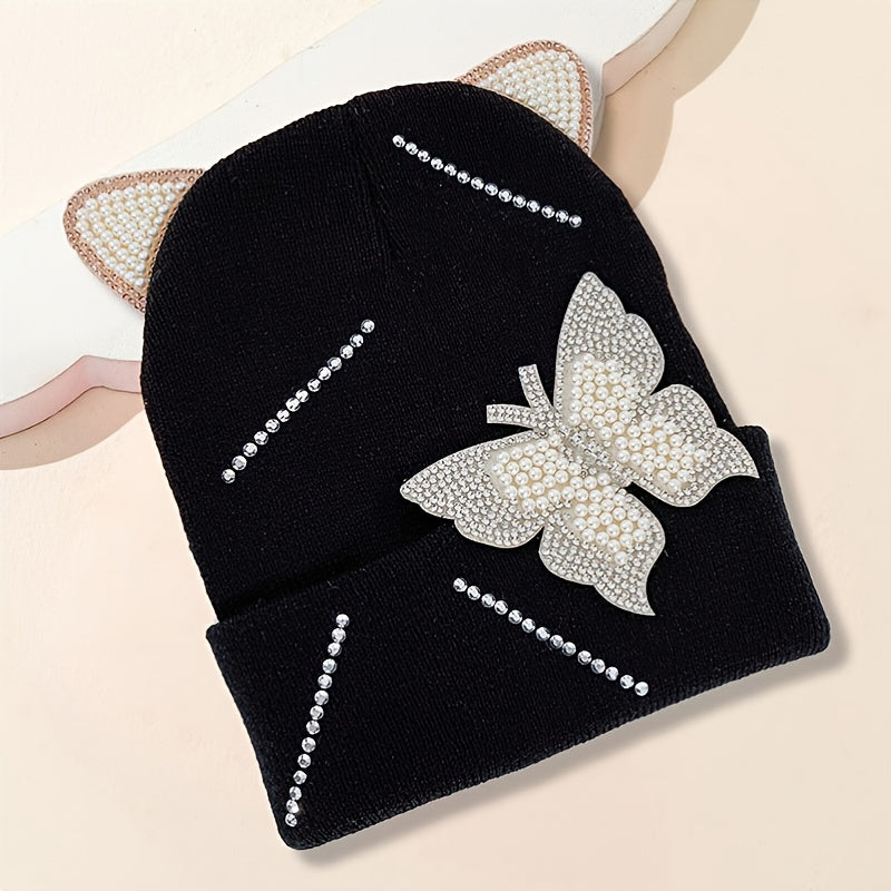 Pearl Butterfly Ear Knitted Hat for Valentines