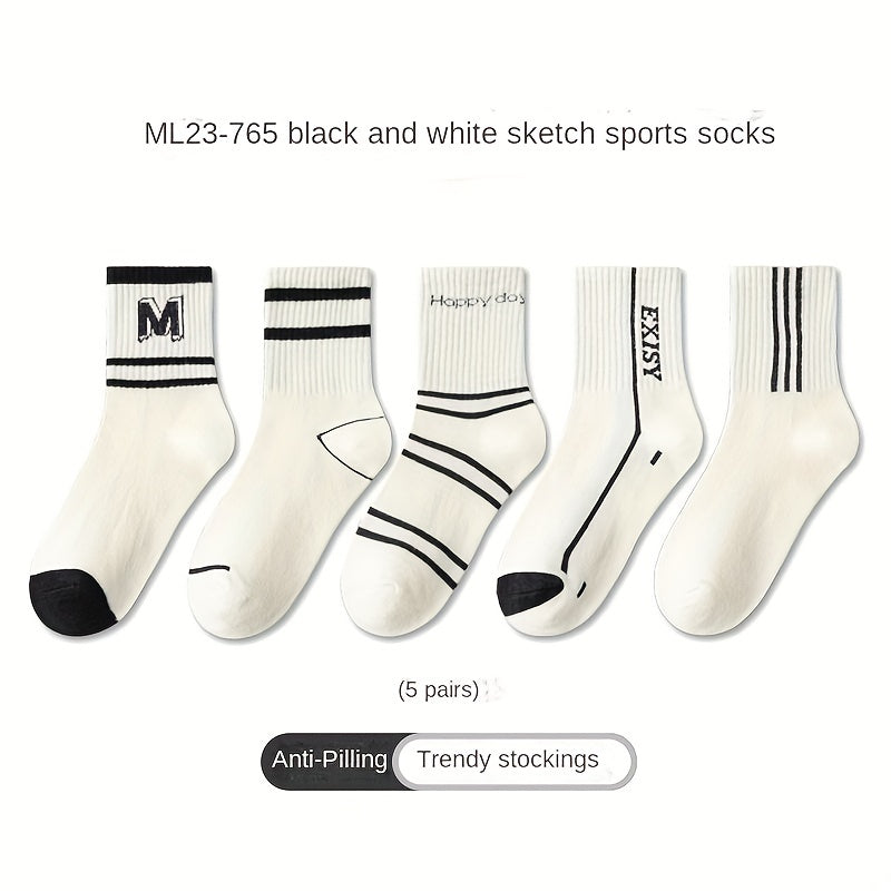 5 Pairs Kids Striped Crew Socks for Spring & Autumn