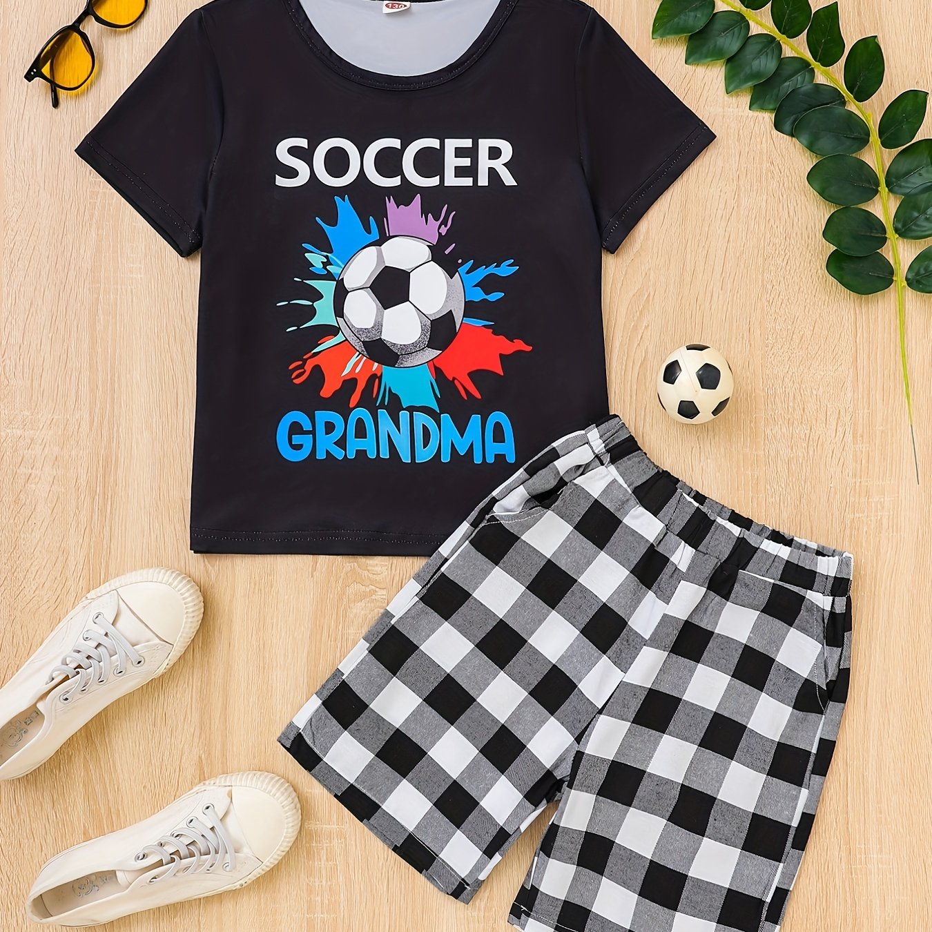 Boys Soccer Graphic T-shirt & Plaid Shorts Set