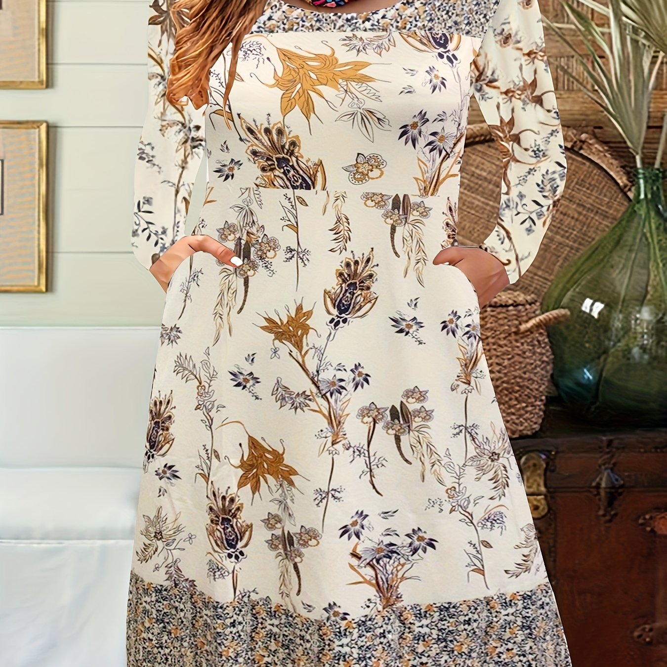 Colorblock Floral Print Long Sleeve Casual Dress