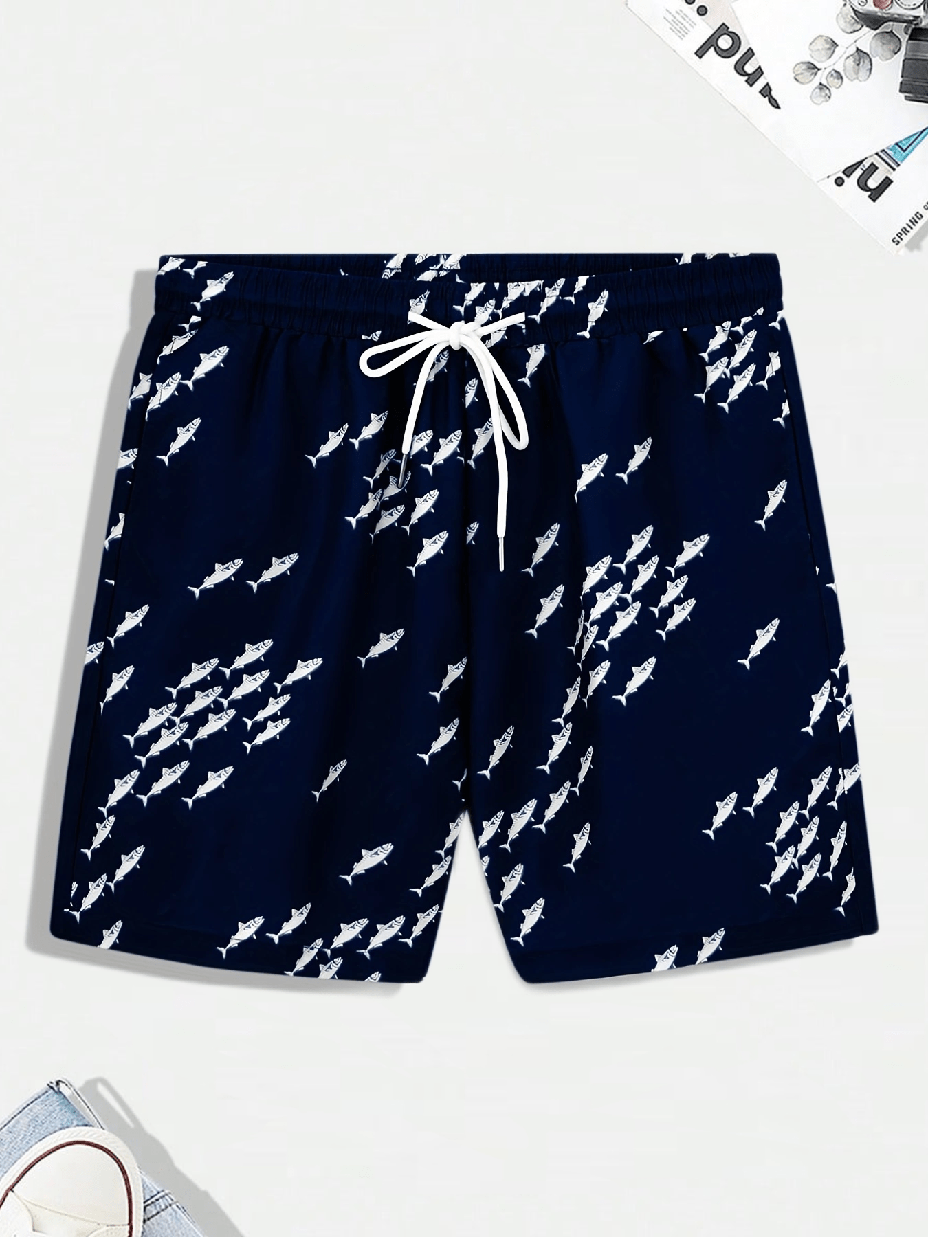 Men's Fish Graphic Drawstring Beach Shorts for Summer