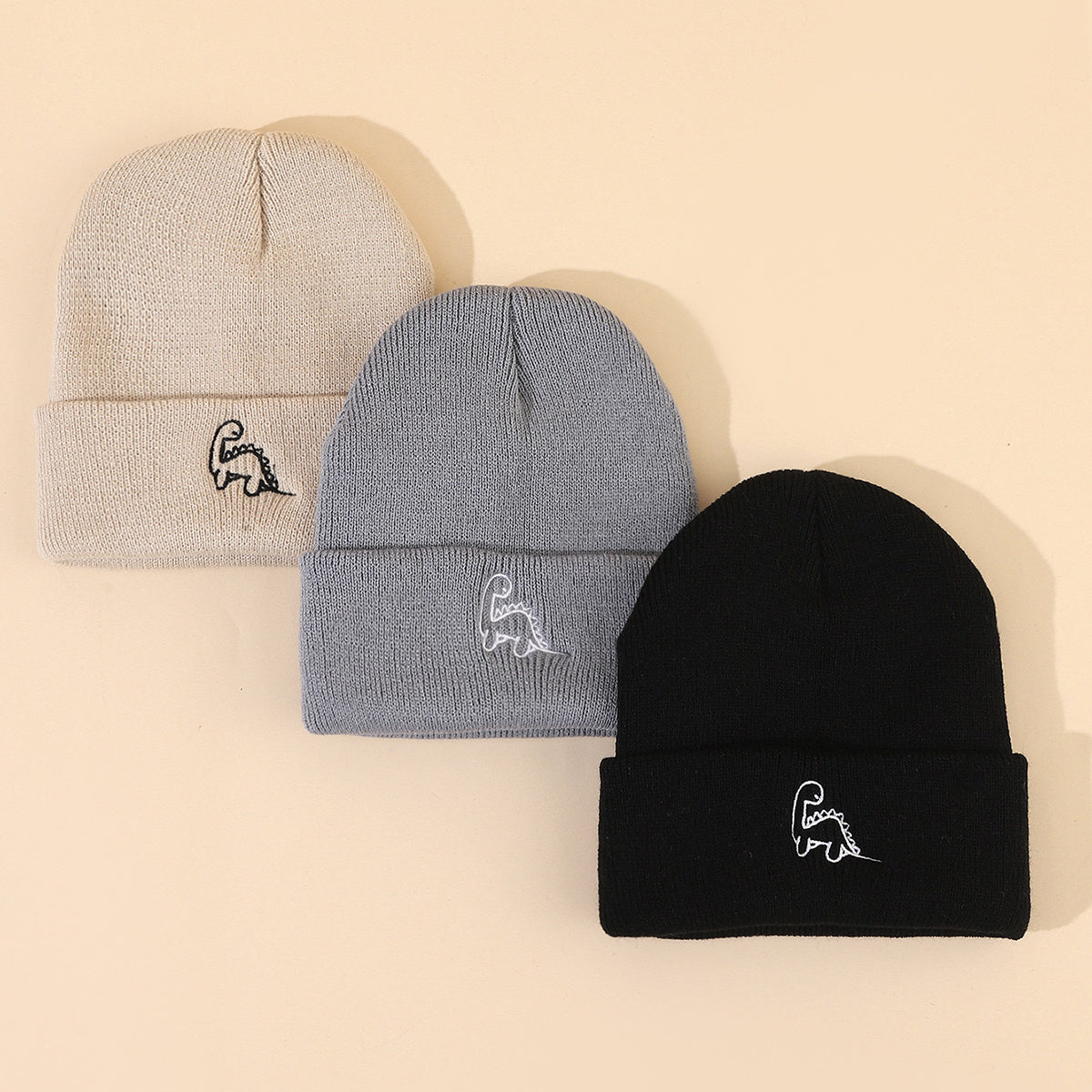 3pcs Baby Beanie Set Winter Warm Knitted Hat Dinosaur Embroidery