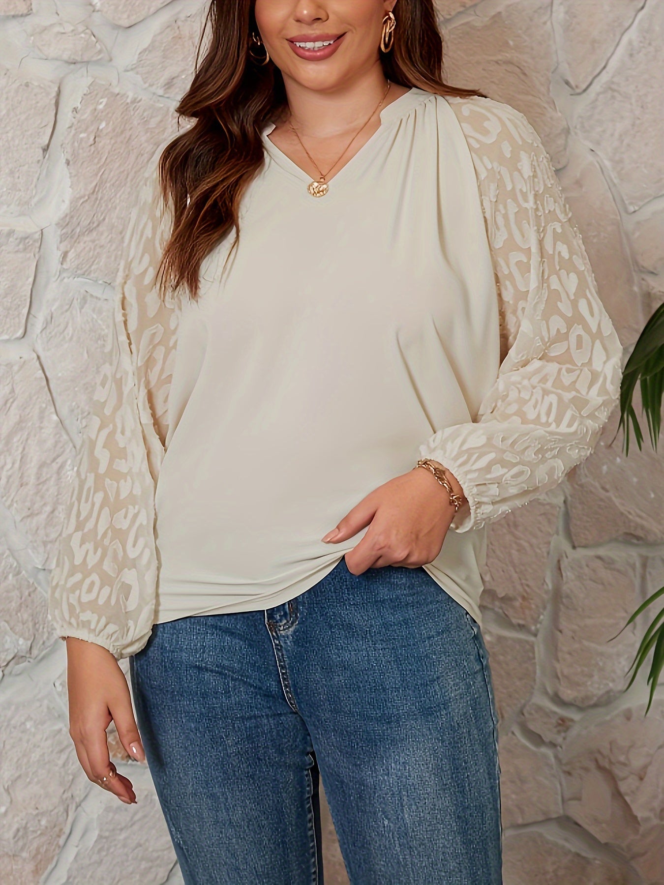 Plus Size V Neck Blouse Mesh Raglan Sleeve