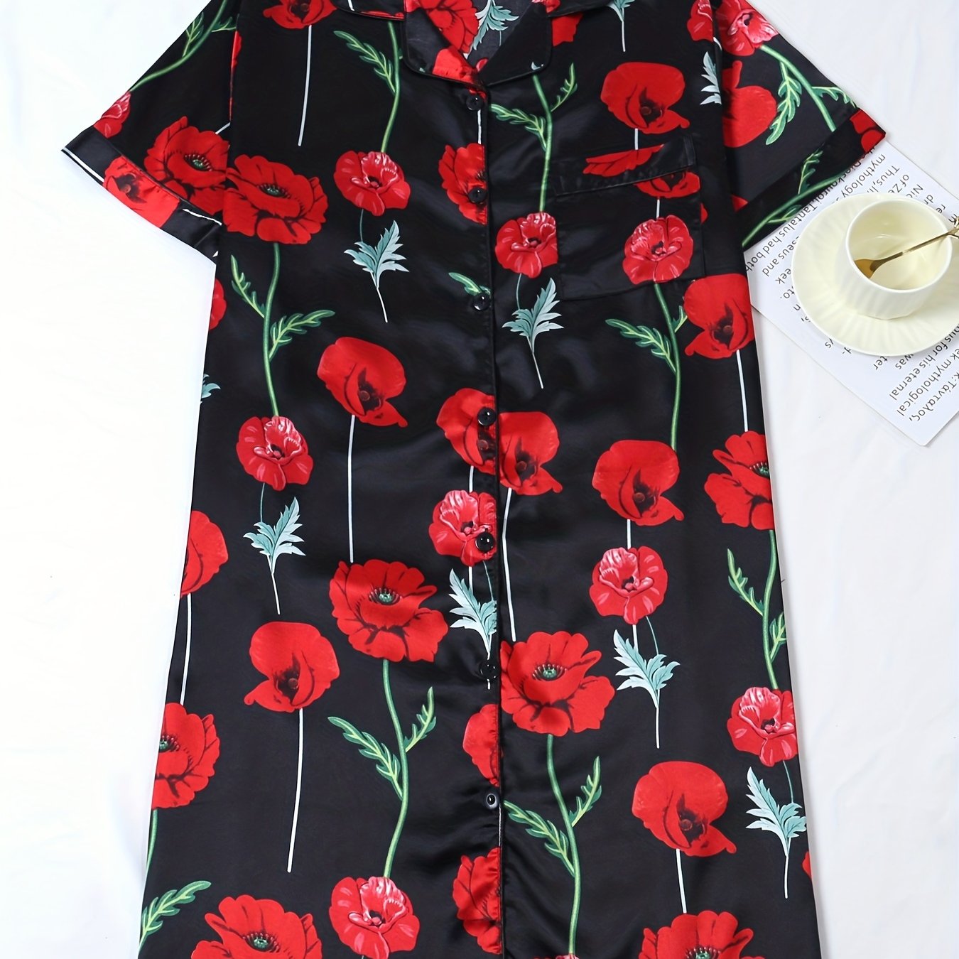 Satin Floral Print Nightdress Cooling Comfort Short Sleeve Nightshirts