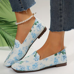 Floral Print Flat Shoes Square Toe Breathable Knit Lightweight Walking Shoes