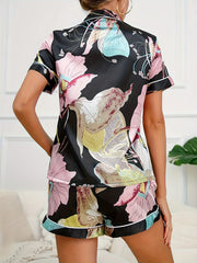 Floral Print Pajama Set Short Sleeve Buttons Top & Elastic Waistband Shorts