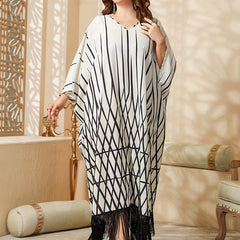 Stripe Print Tassel Trim Maxi Dress