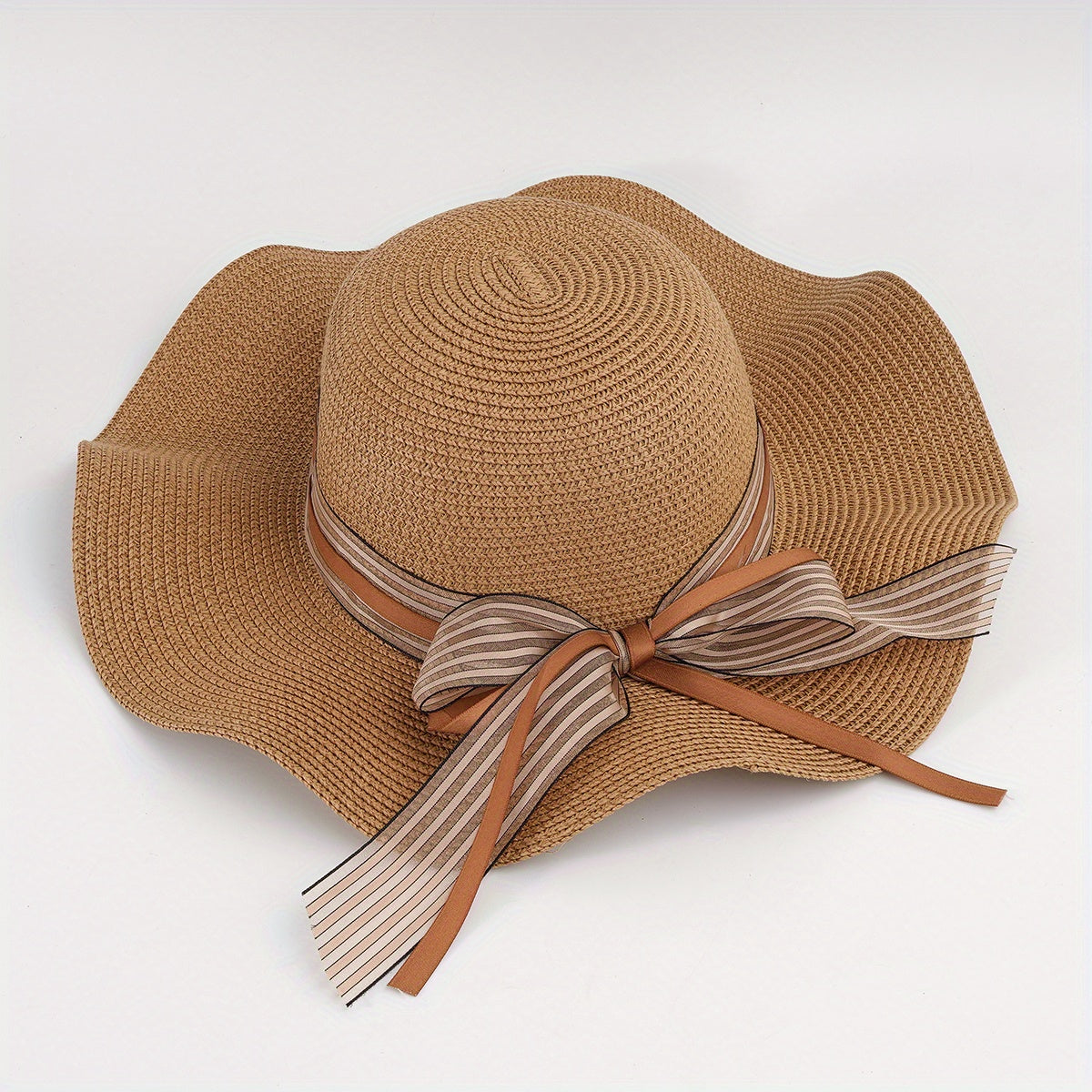 Striped Ribbon Bowknot Sun Hat Ruffles Wide Brim Straw Bucket Hats
