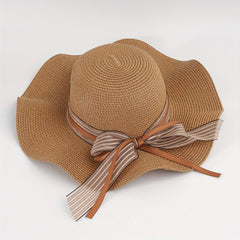 Striped Ribbon Bowknot Sun Hat Ruffles Wide Brim Straw Bucket Hats