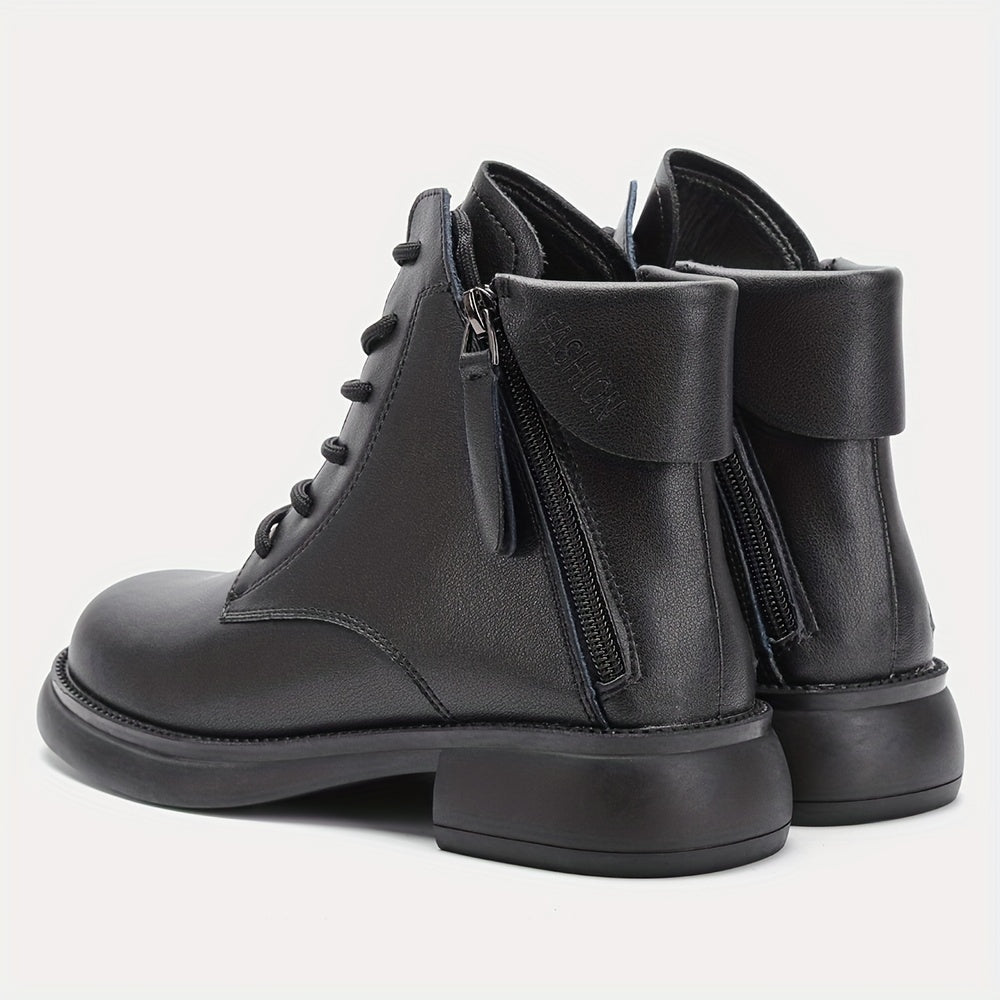 Women's Chunky Heel Lace Up Boots Double Zipper Stylish