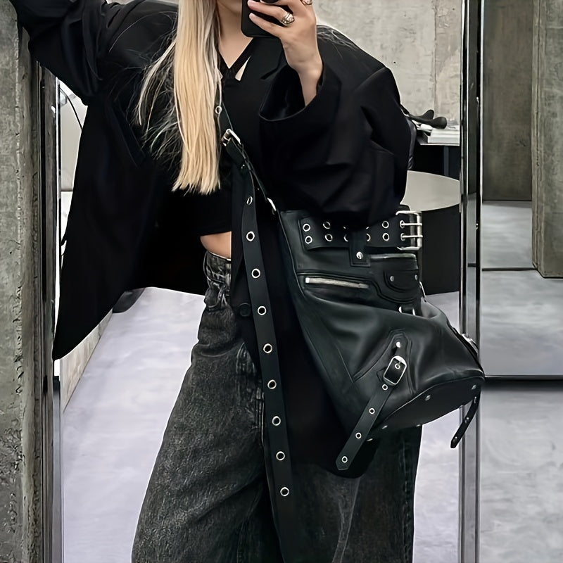 Punk Style Crossbody Bag Eyelet Belt Decor Hobo Bag