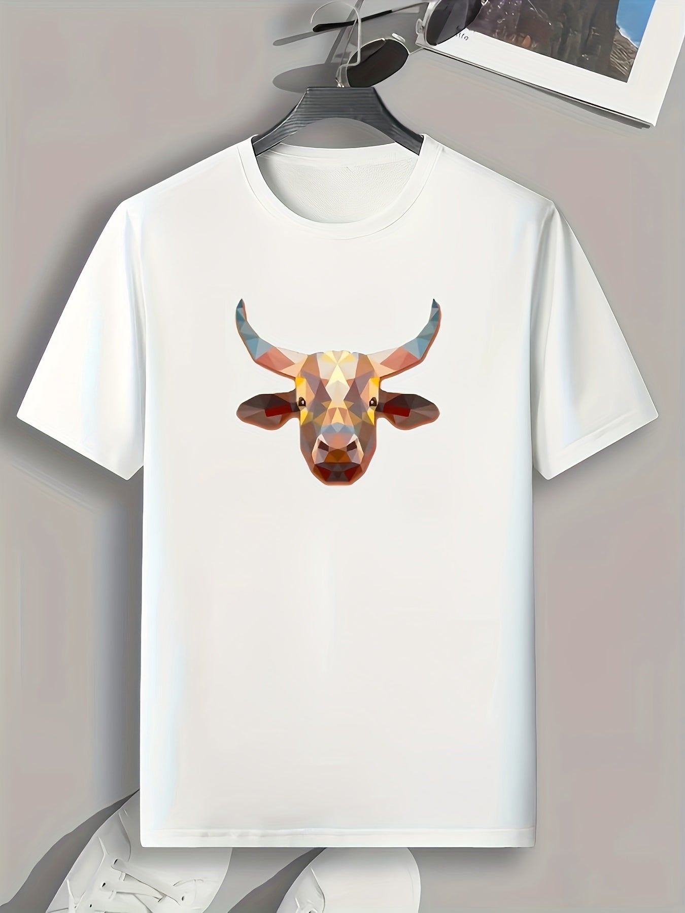 Geometric Bullhead Print Men's Comfy T shirt Outdoor Summer Tee