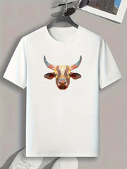 Geometric Bullhead Print Men's Comfy T shirt Outdoor Summer Tee
