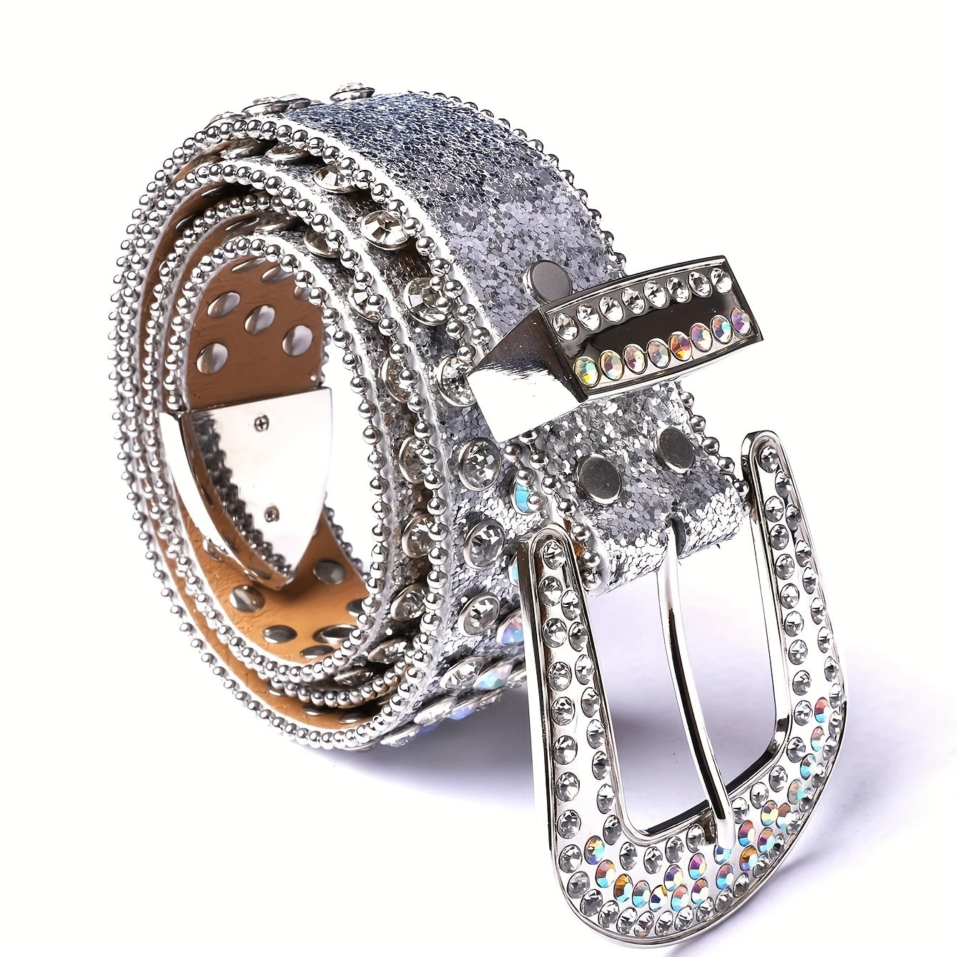 Rhinestone Glitter Punk Belt Unisex Real Leather Belt