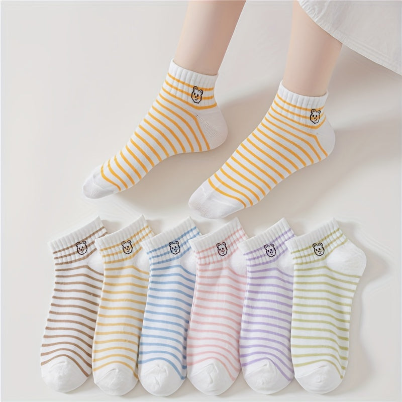 7 Pairs Cartoon Bear & Striped Crew Women's Socks