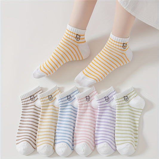 7 Pairs Cartoon Bear & Striped Crew Women's Socks