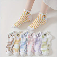 7 Pairs Cartoon Bear & Striped Crew Women's Socks