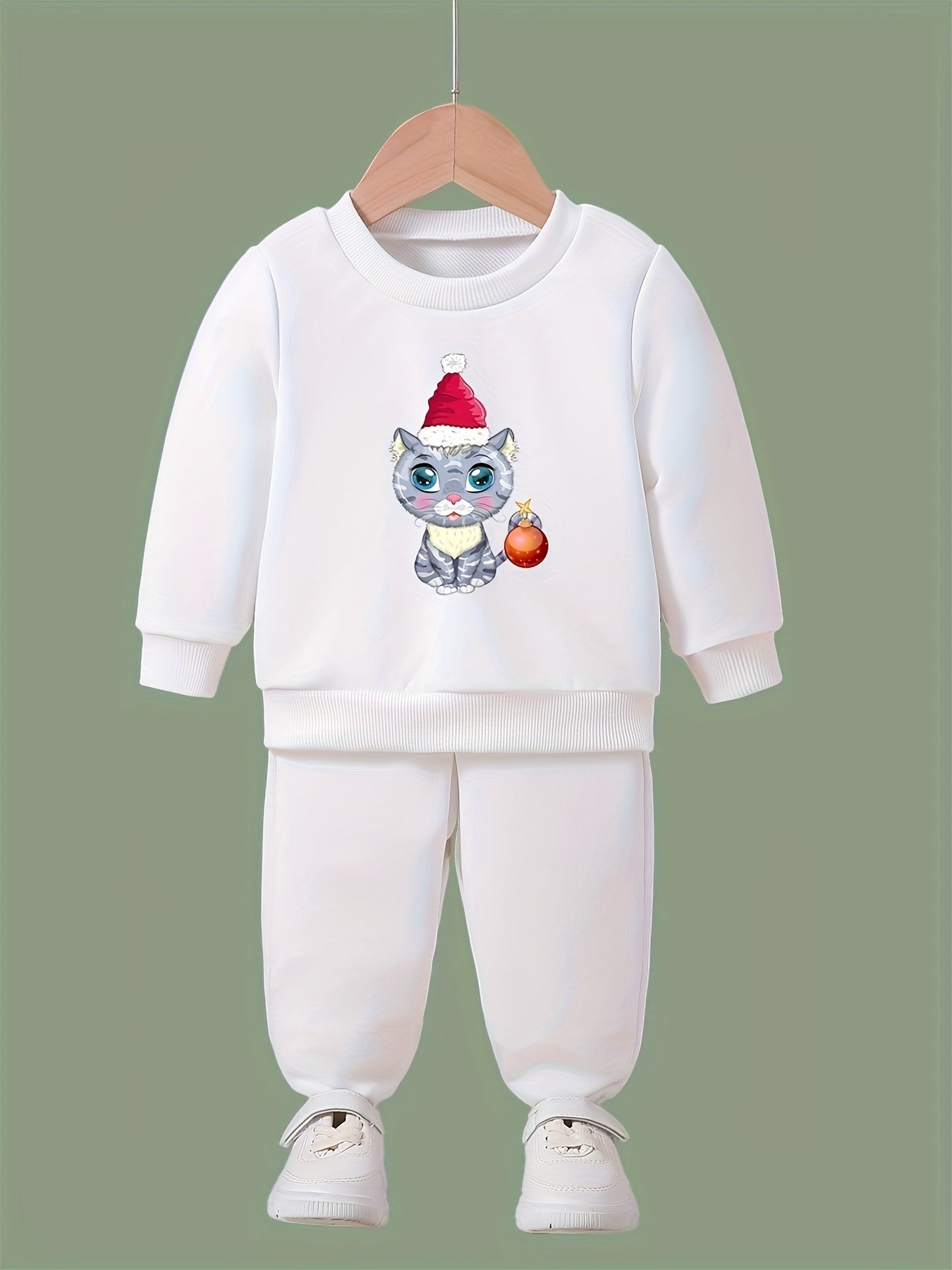 Girls 2pc Cat Crew Neck Sweatshirt and Solid Sweatpants Set
