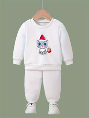 Girls 2pc Cat Crew Neck Sweatshirt and Solid Sweatpants Set