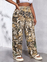 Plus Leaf Print High Rise Wide Leg Cargo Jeans With Pockets
