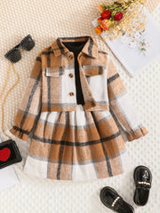Girl's Plaid Outfit 2pcs Button Jacket & Turtleneck Dress Set