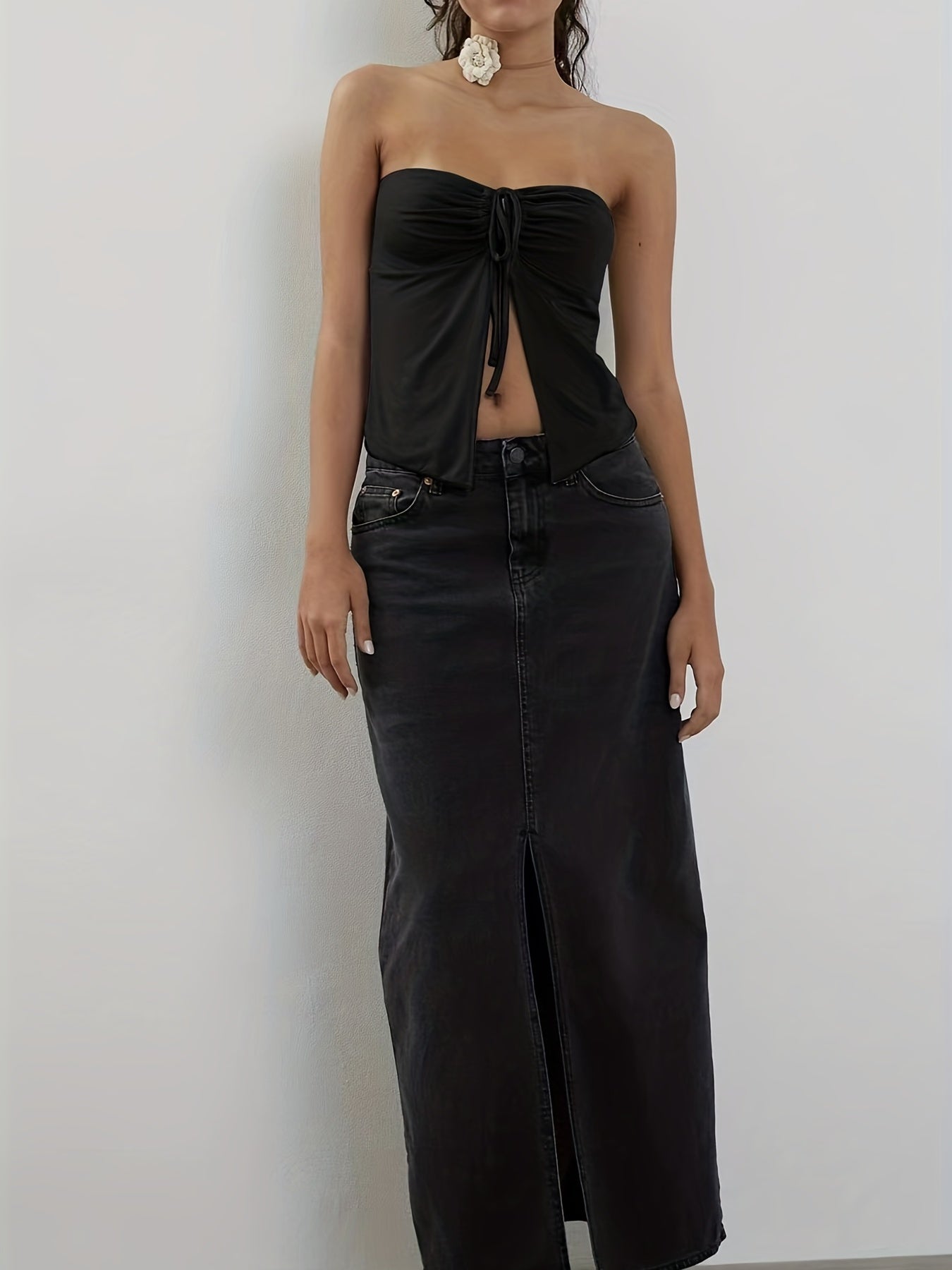 Y2K Split Crop Tube Top Ruched Drawstring